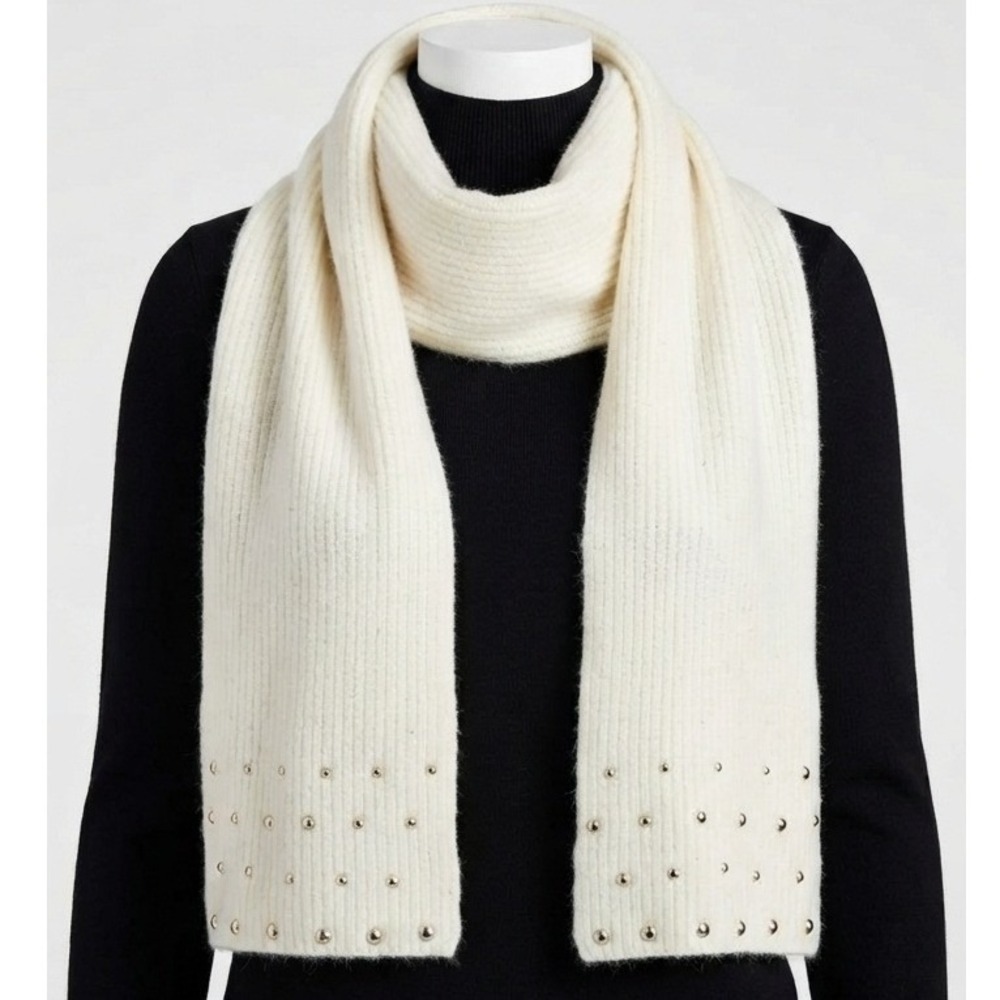 INC International Concepts Off White Ribbed Knit Scarf Silver Stud NWT